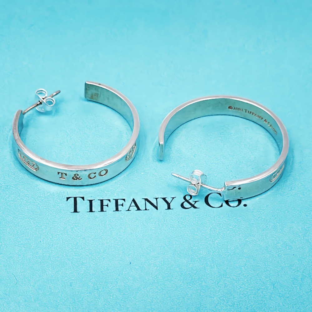 TIFFANY & CO STERLING SILVER 1837 LARGE 1 INCH 5MM WIDE HOOP EARRINGS